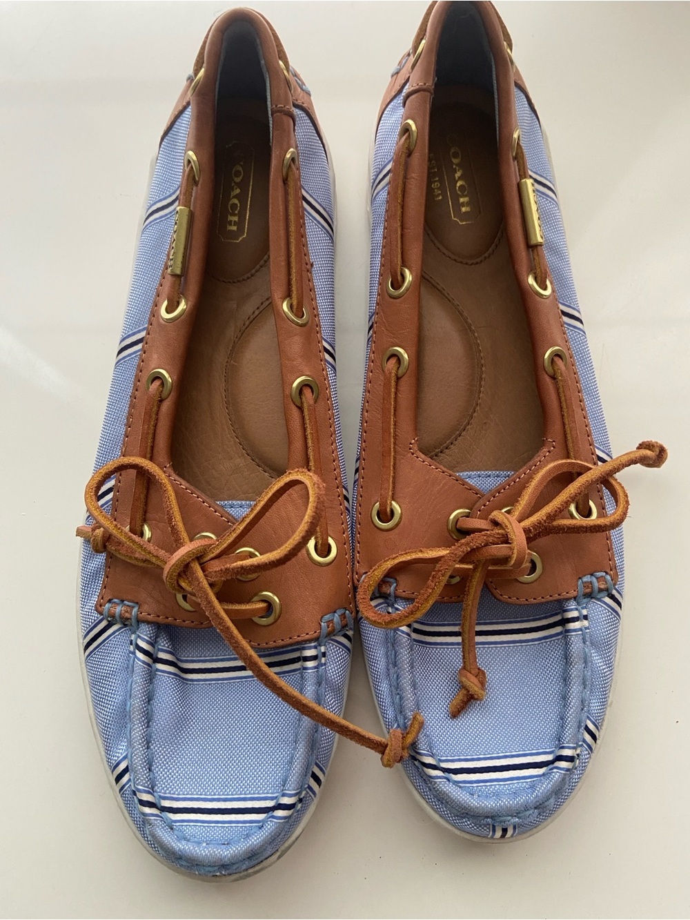 Coach Richelle Boat Shoes Canvas Nautical Blue Striped Tan Leather size 8.5 - Picture 8 of 9